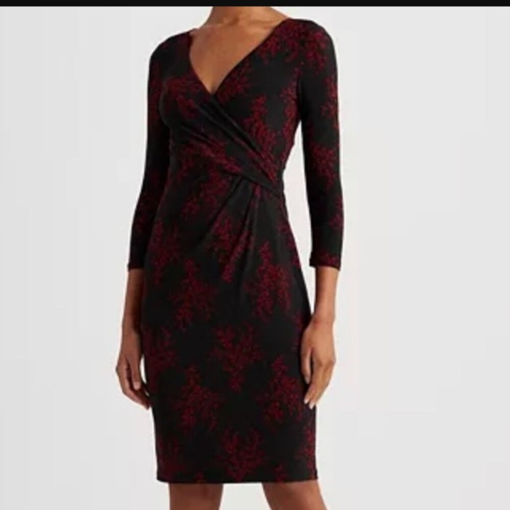 Lauren Ralph Lauren Red Black Floral Print Jersey Party Cocktail Dress NWT Sz 8